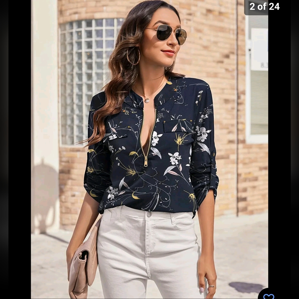 ANGVNS Floral, Long Sleeve, Zip, Chiffon Blouse NWOT